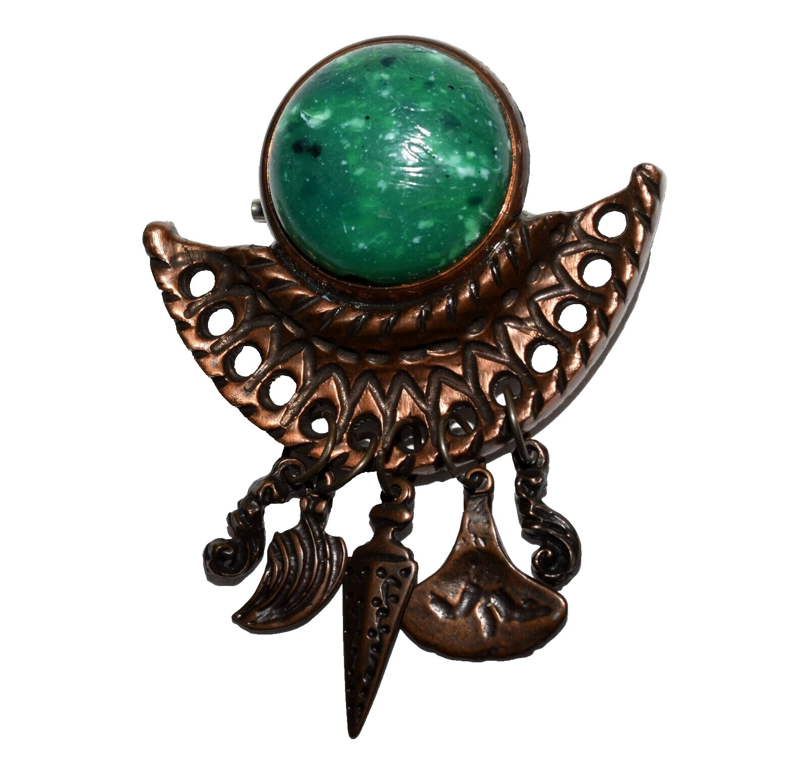 Vintage Signed Southwestern Charms Hanging Off Green Marbled Lucite Copper Pin