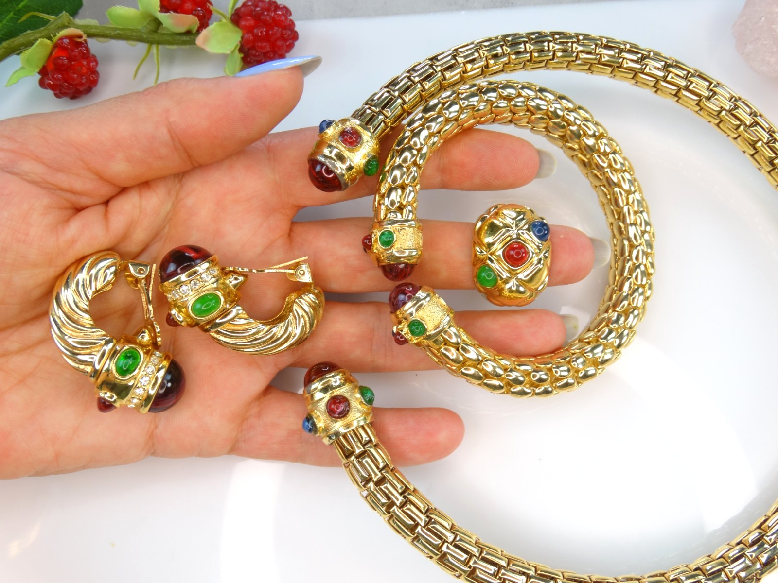 HIGH END VINTAGE JEWELRY LOT 80S IVANA GOLD GRIPOIX MOGUL CABS CHOKER EARRINGS +