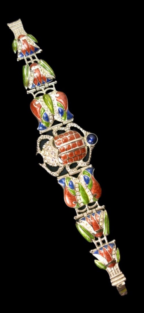 Vintage Signed EDGAR BEREBI Cleopatra Scarab Enamel & Crystal Link Bracelet 7.5”