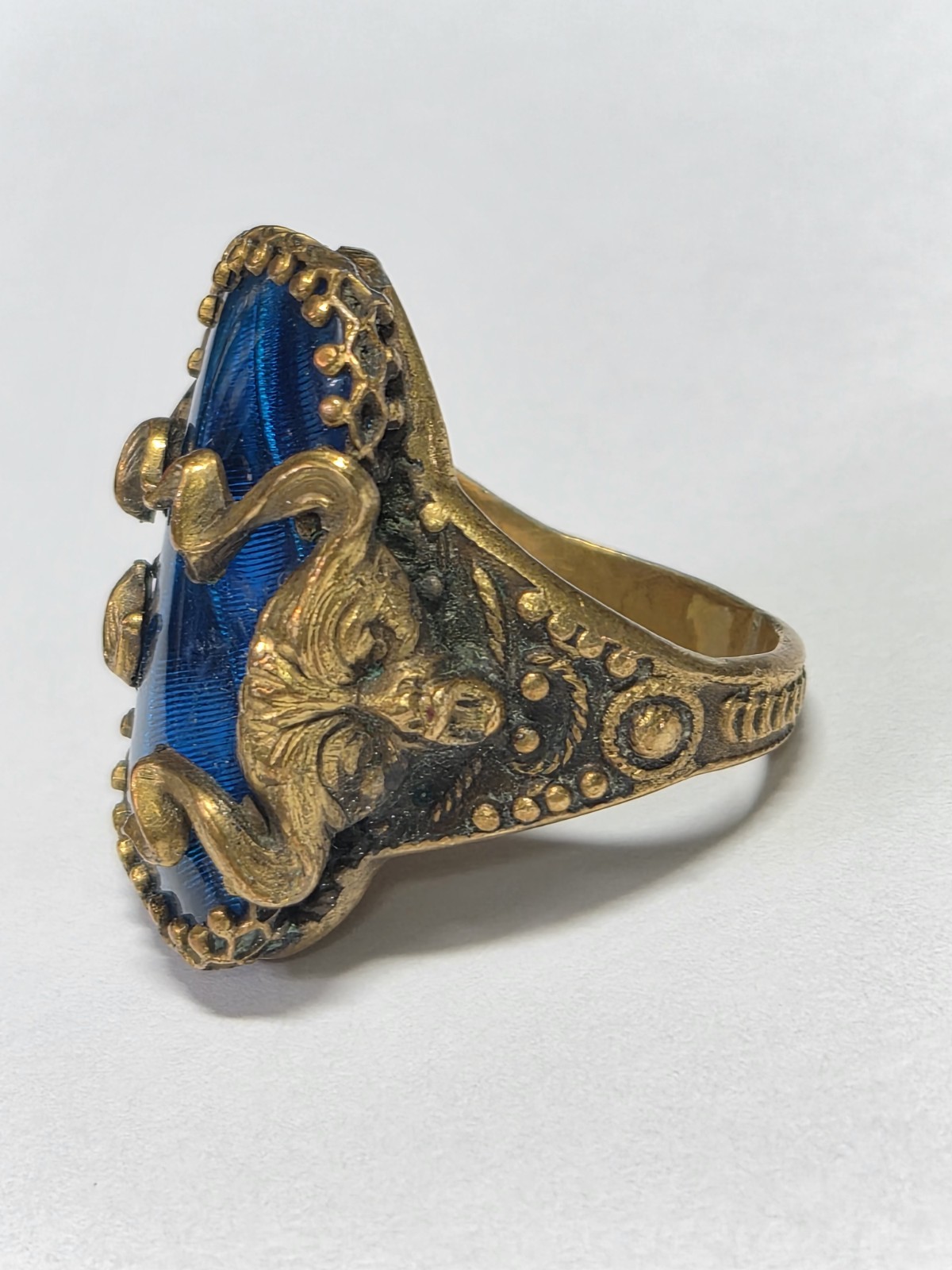 Antique Art Deco Blue Morpho Butterfly Wing Green Man? Pan? Czech? Ring Devil
