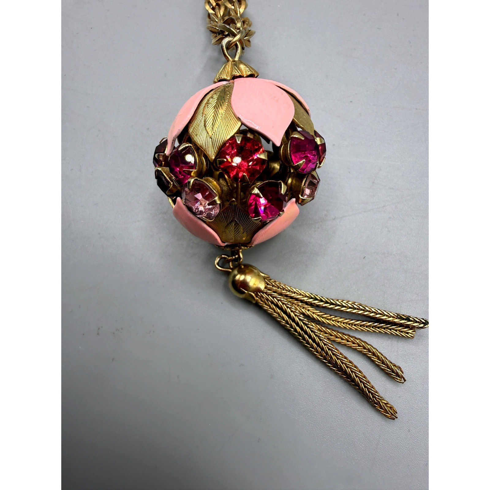 Vintage Gold Tone Orb Pendant Necklace Pink Enamel Rhinestone Tassel 28 Inch