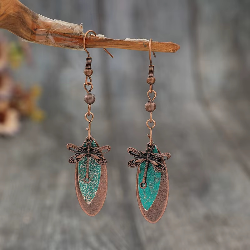 Vintage Dragonfly Earrings Boho Green Stone Dangle Antique Copper Carved Jewelry