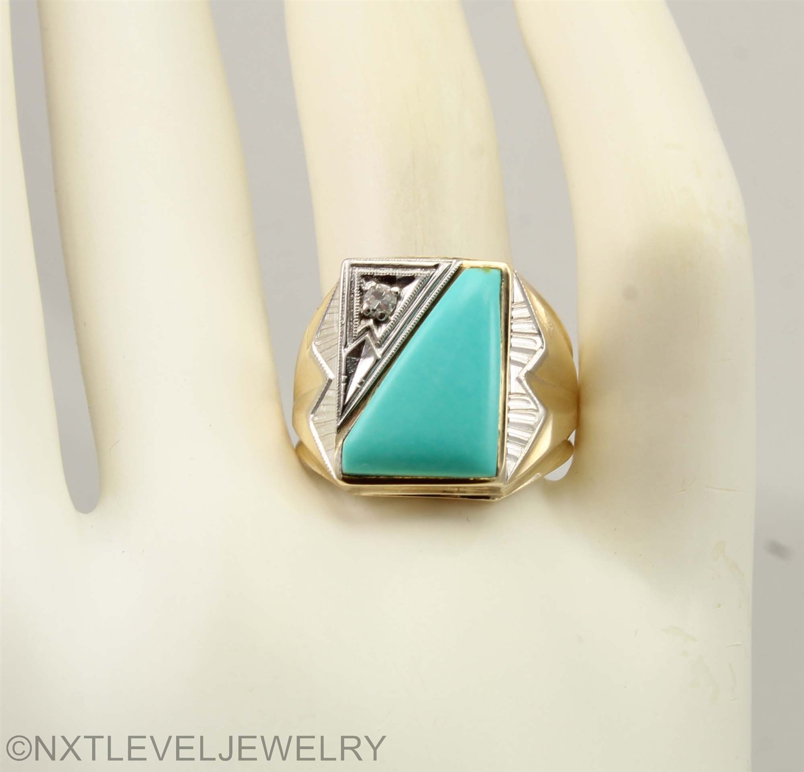Antique SIGNED Art Deco Robin’s Egg Turquoise & Diamond 10k Solid Gold Mens Ring