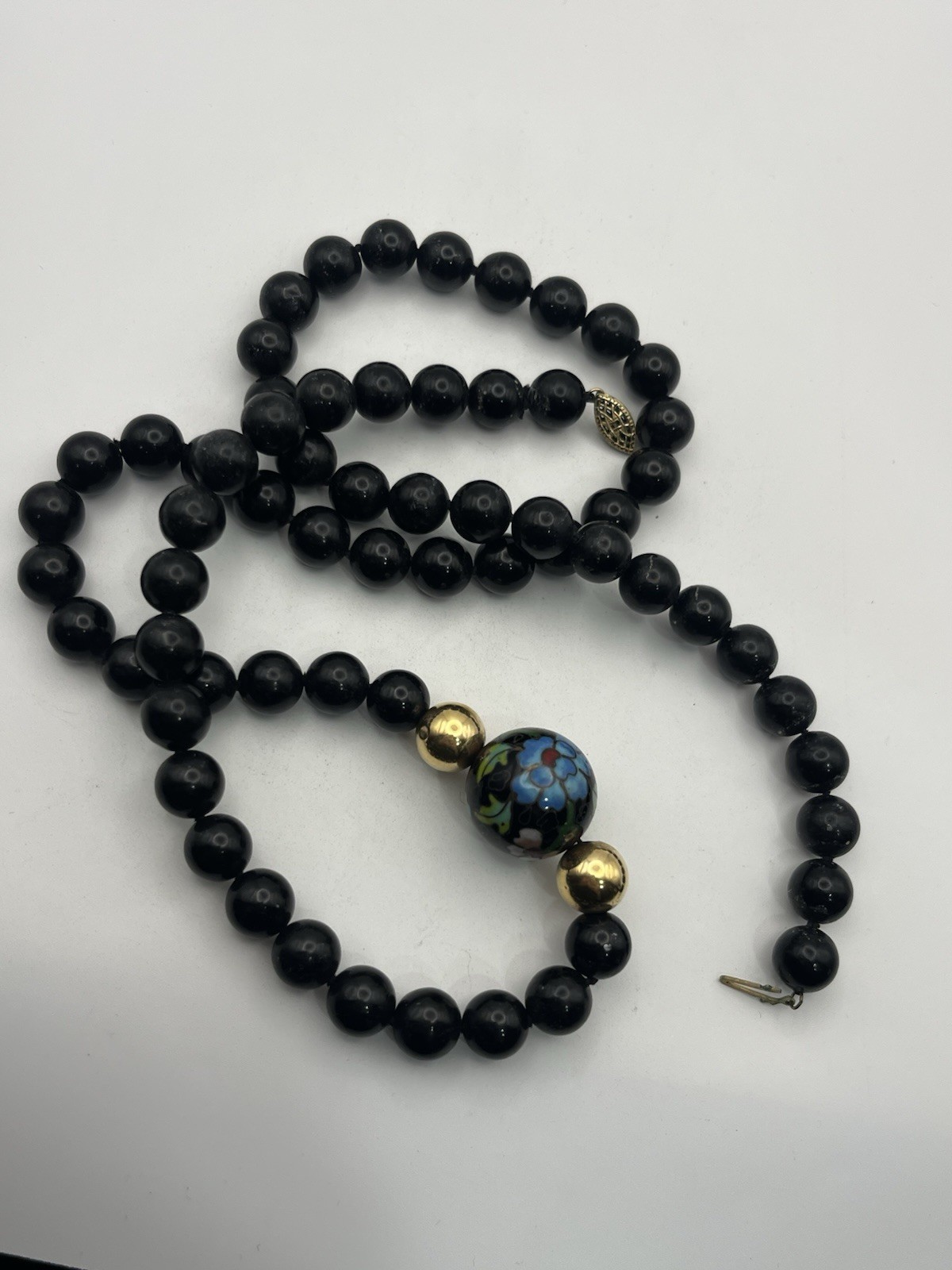 Gold filled Chinese cloisonné flower beaded black vintage necklace