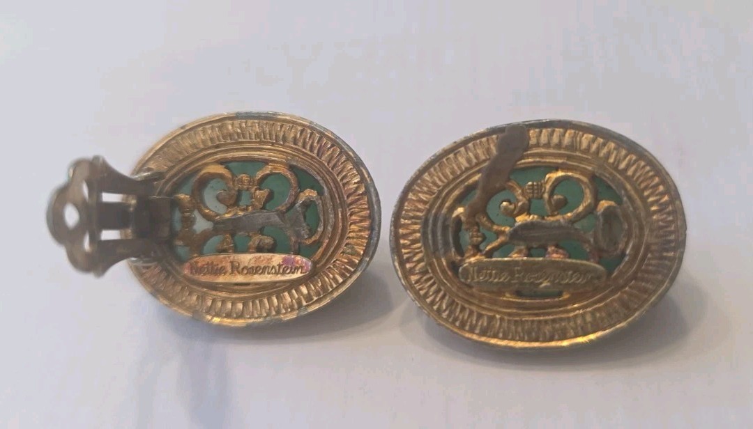 Nettie Rosenstein Clip On Earrings Faux Jade Cabochons 1 Missing The Clip on