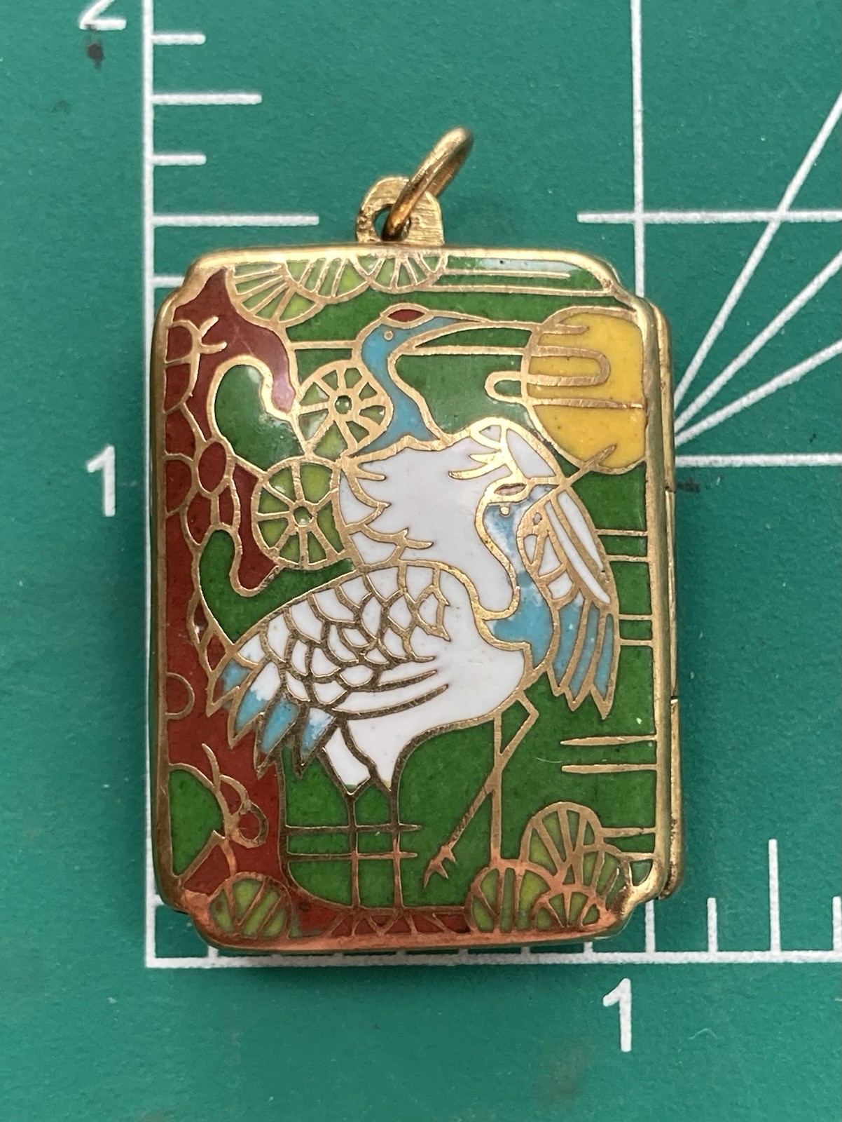 vintage cloisonne Locket Pendant trinket container necklace Stork Charm Heavy