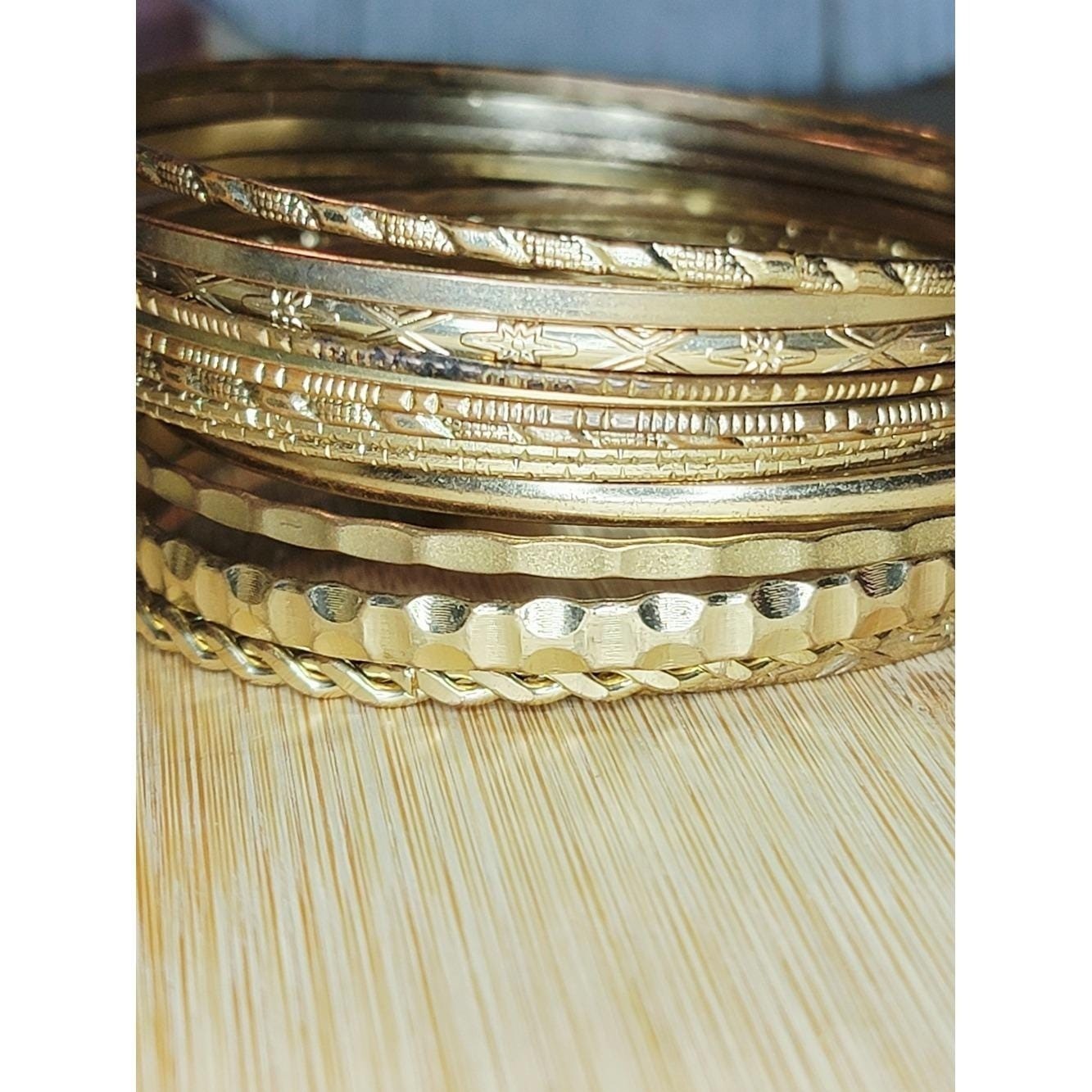 Vintage Gold Tone Bangle Bracelet Lot 14 Stackable Bangles Textured Twisted