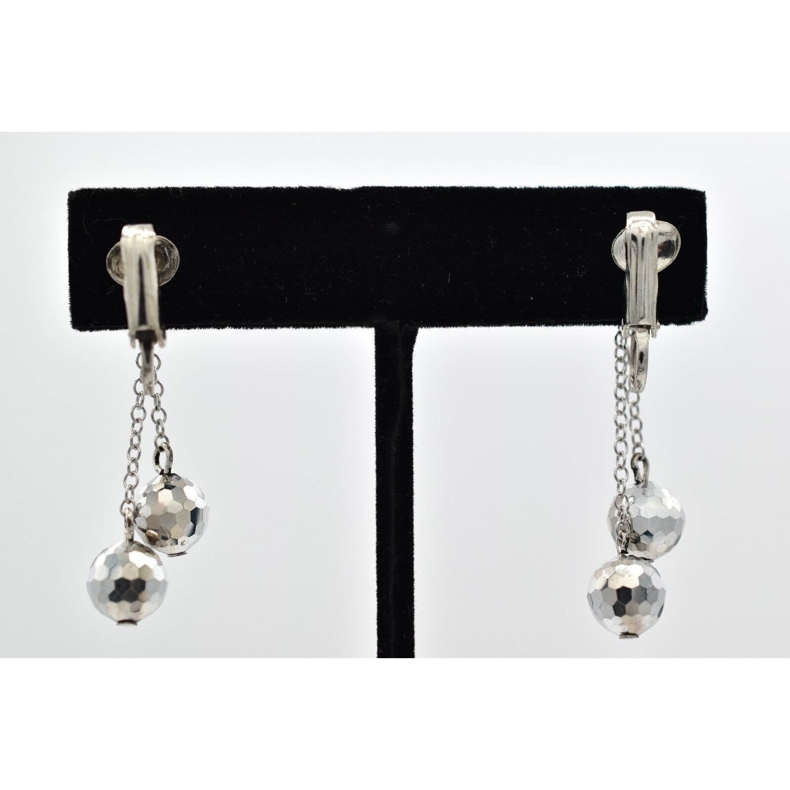 Vintage Crystal Clip On Earrings Silver Chain Disco Ball Chain Drop 1950s A23