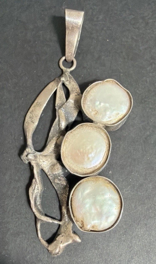 Vintage Brutalist Abstract W/Blister Pearls Hand Made Pendant Artisan – signed