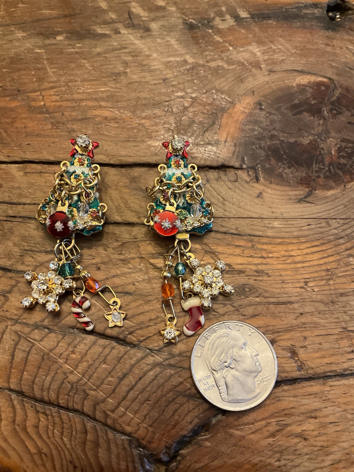Lunch at the Ritz Christmas Tree Earrings Dangling Ornaments Gold Plated Pierced