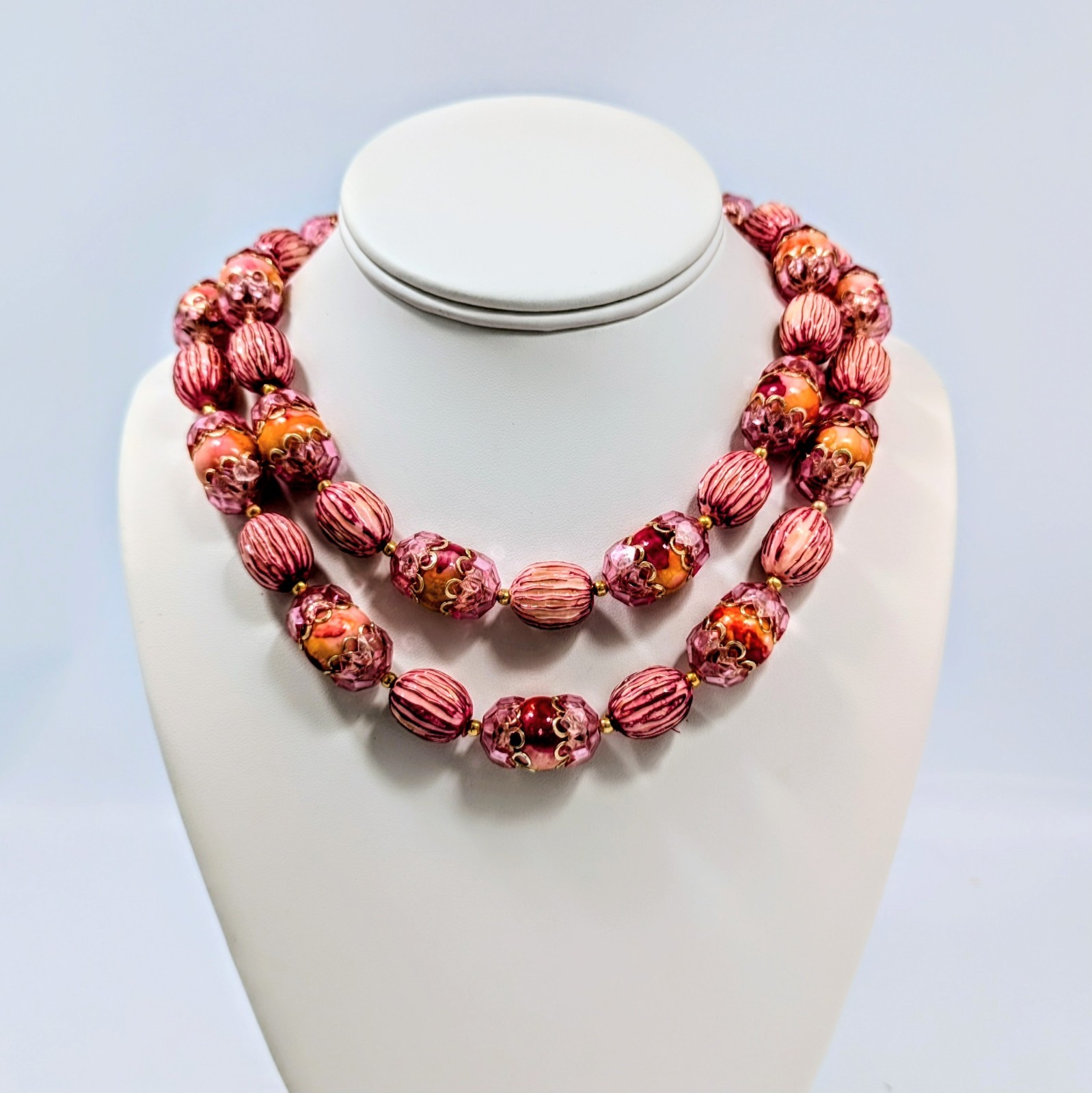 1960’s Hong Kong Double Strand Choker Bib Pink Orange Cap Bead Necklace 17-19″