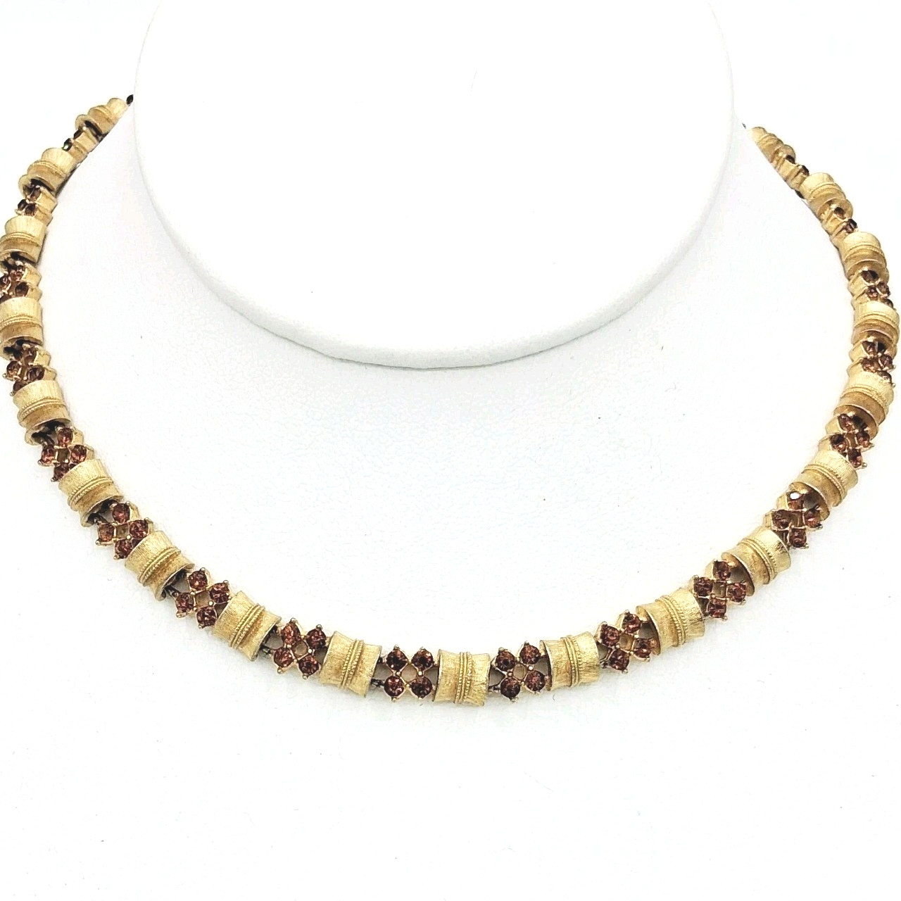 Vtg Gold Tone Link Necklace Amber Color Rhinestones Mid Century Choker 14″