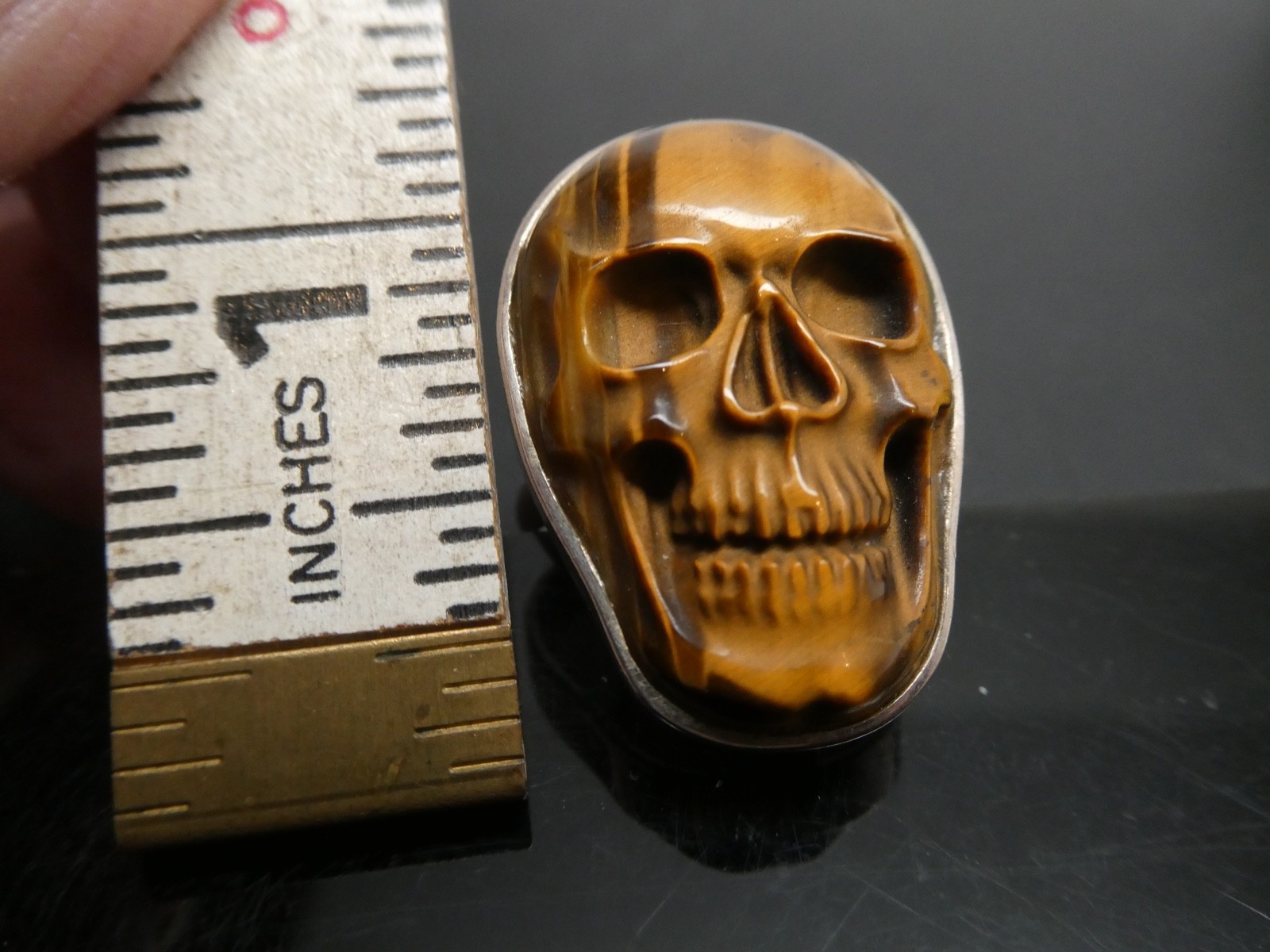 Vintage Tiger’s Eye Gemstone Carved SKULL Sterling Silver 925 RING Size 8.5