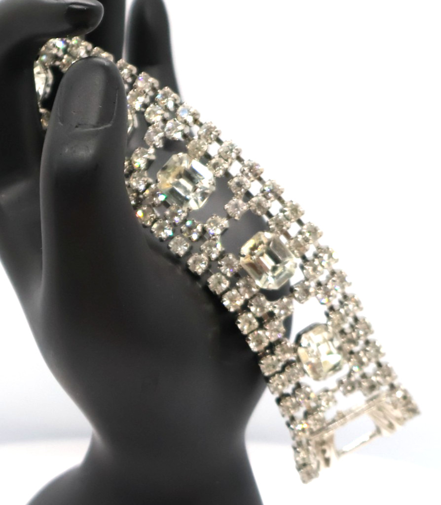 Vintage Rhinestone Bracelet w/ Multiple Rows of Rhinestones & Large Square Ones