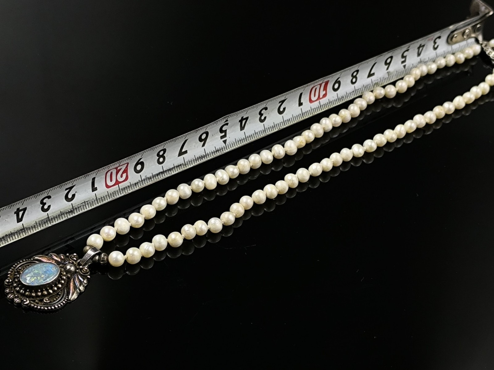 Vintage Cultured Pearl Necklace 925 Silver Natural Opal Pendant Marcasite Clasp