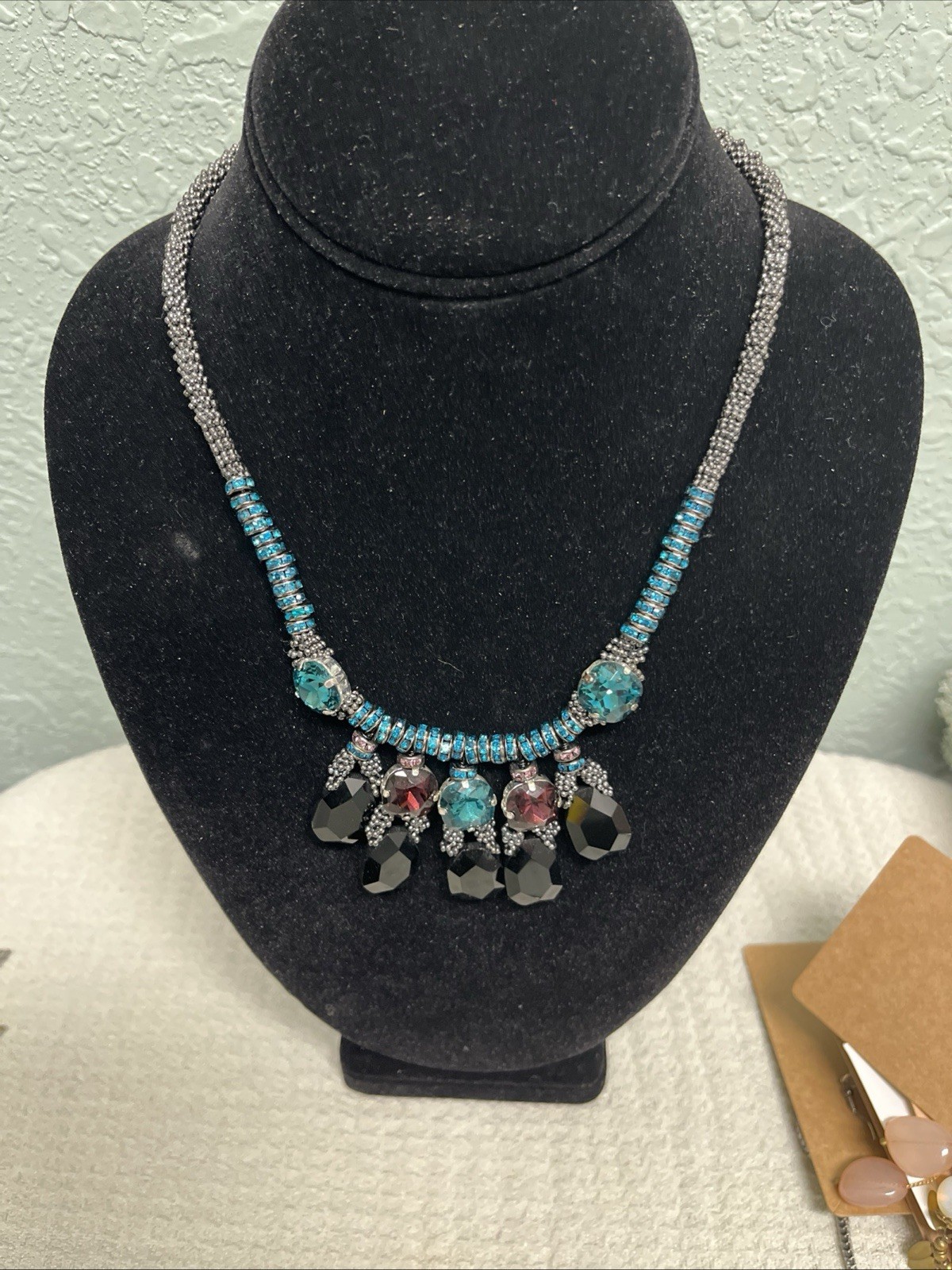 Vintage Multicolor Faceted Glass Statement Pendant Necklace 17″