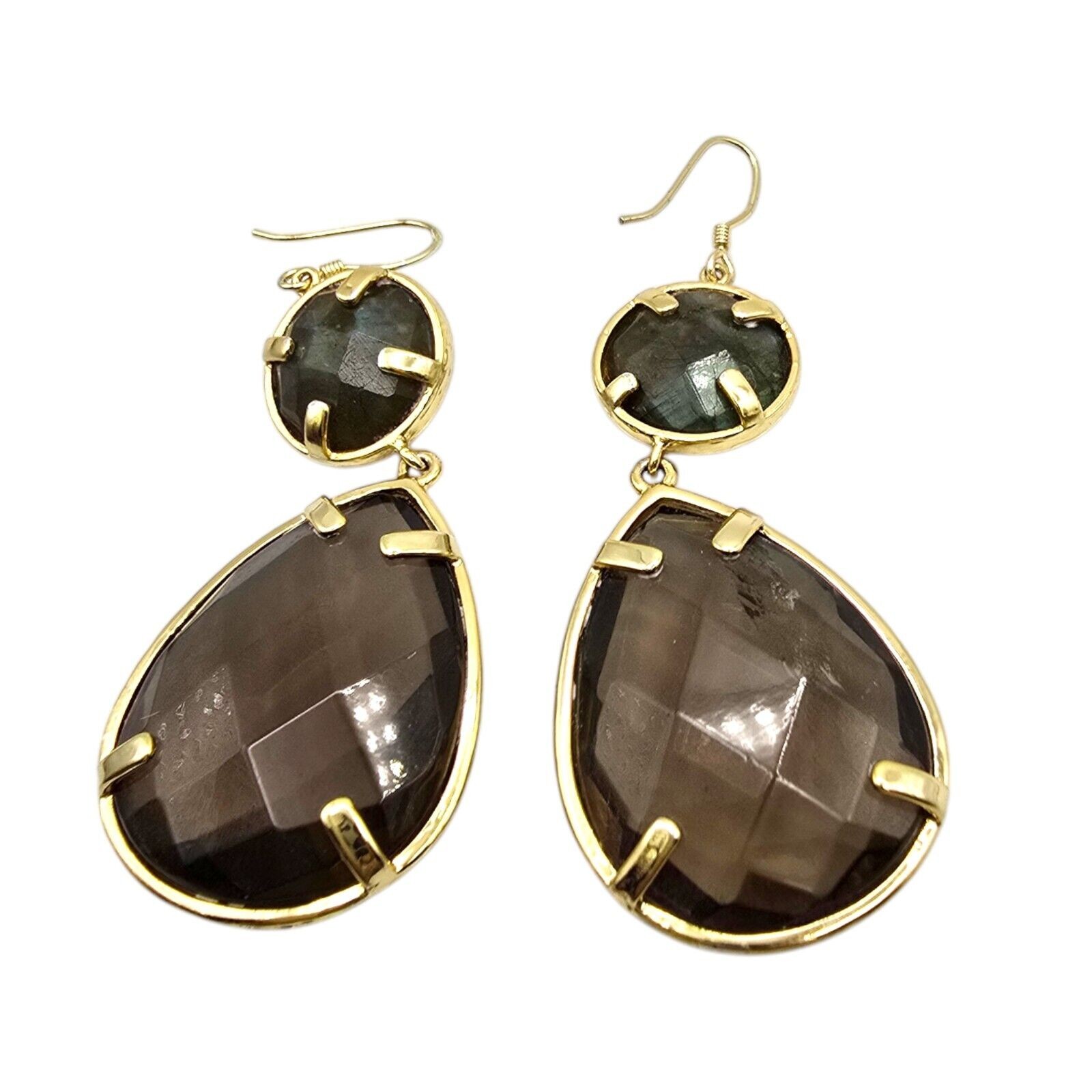 Stone Pierced Earrings Smokey Brown Faceted Light Brown Signed Dangle Teardrop