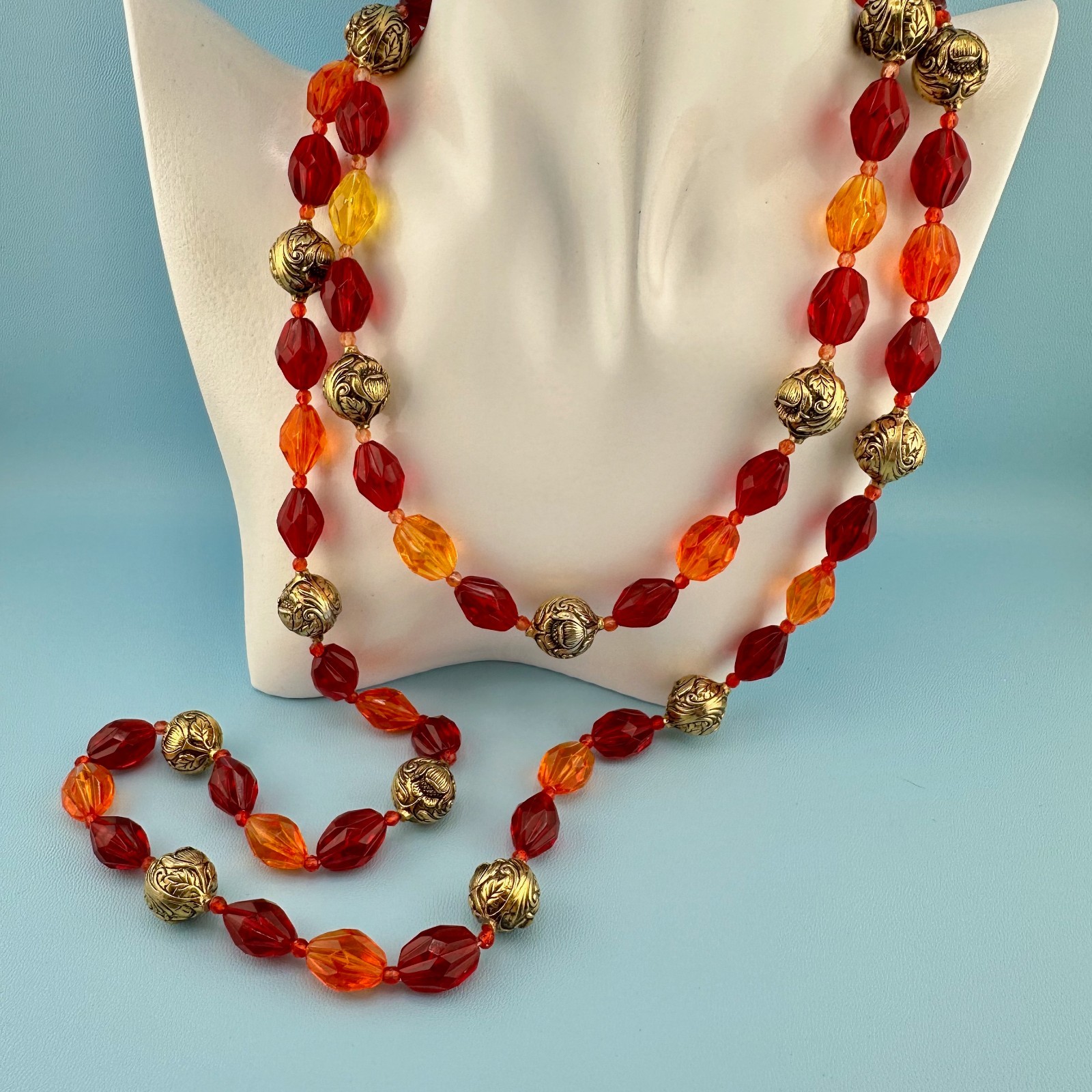 Vintage Lucite Bead Gypsy Necklace Faceted Red Orange Gold Tone Floral 46″ Boho