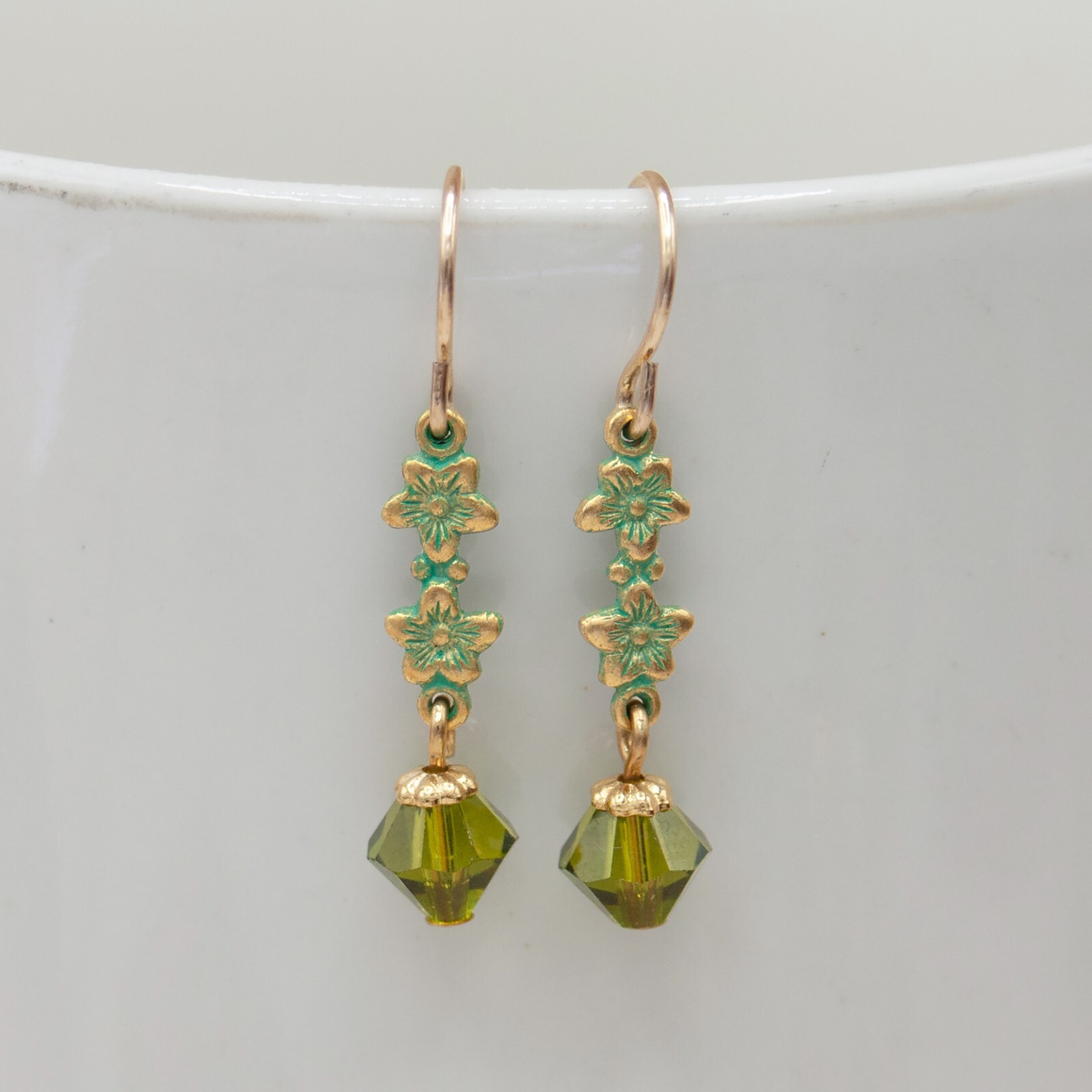 Vintage Style Gold Floral Green Crystal Earrings, Gift for Her, Daughter