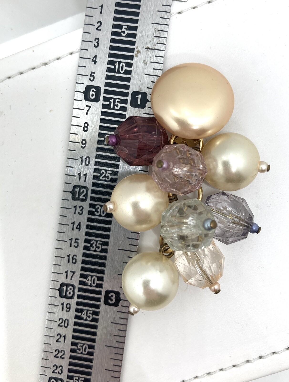 Vintage CHAMPAGNE FAUX PEARL LAVENDER Bead Cluster 3″ Dangle Earrings SNAZZY