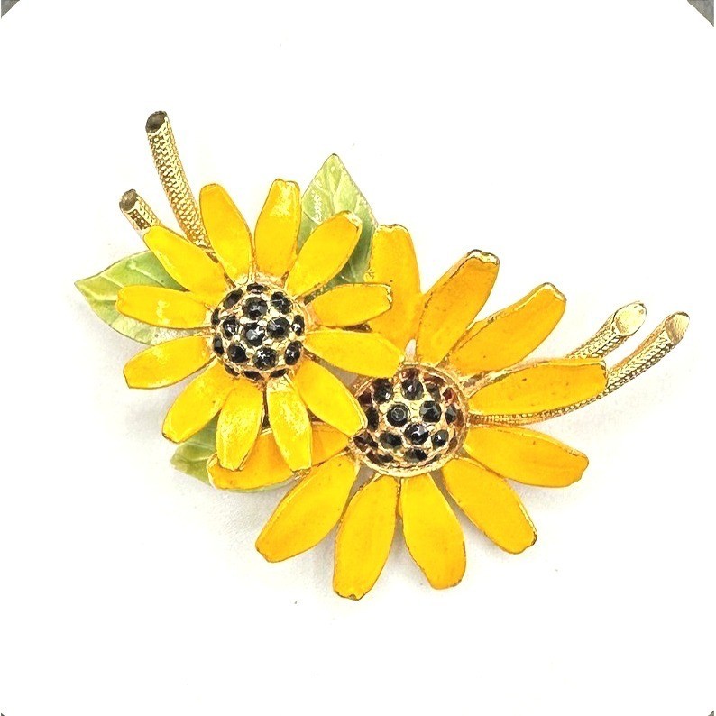 Vintage BSK Rhinestones Yellow Gold-Tone Vitreous Enamel Sunflower Brooch Pin