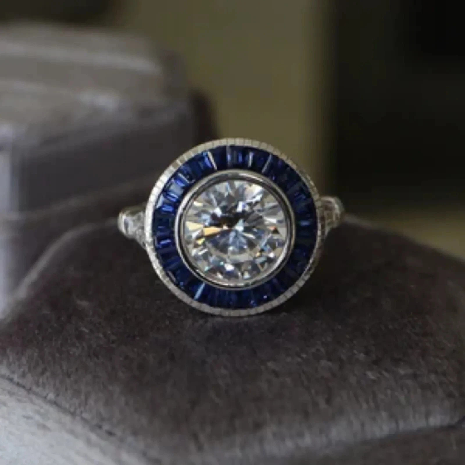 Art Deco Style Halo Lab Created Diamond Sapphire 14K White Gold FN Wedding Ring