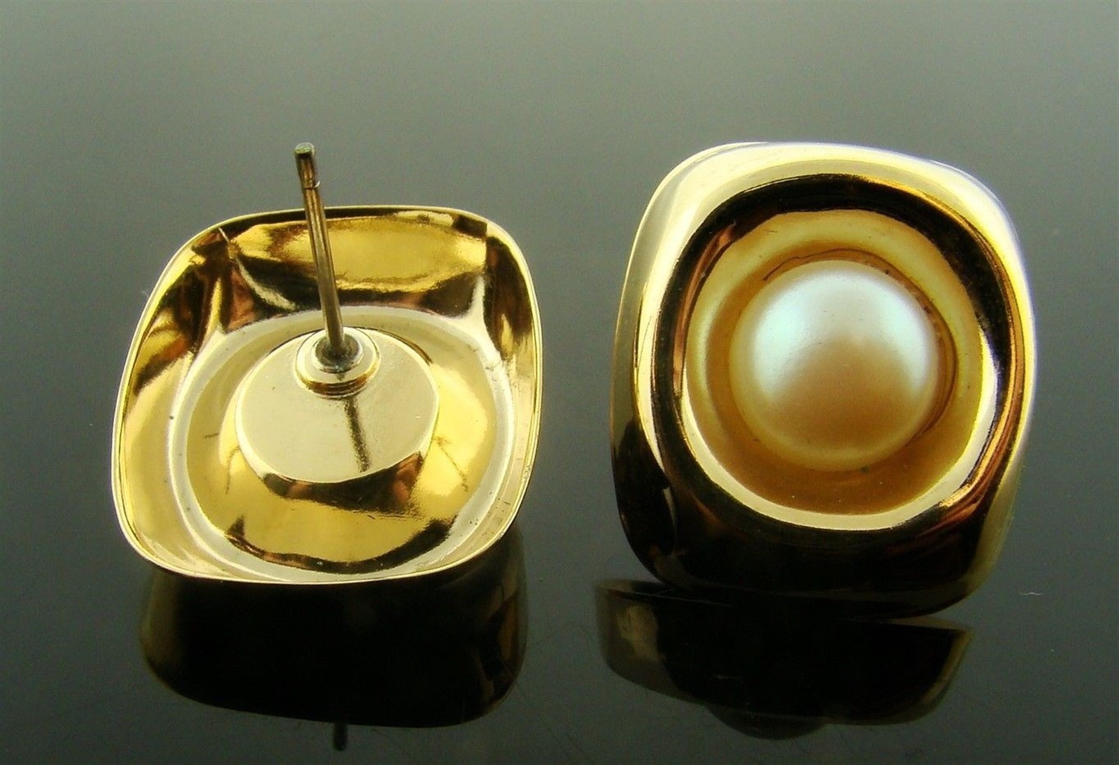 6 VINTAGE GOLD 18x16mm. RECTANGLE PIERCED EARRINGS WITH 8mm. PEARL CENTER 3338