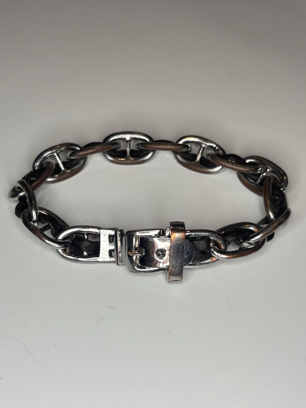 Vintage Ralph Lauren RL L Chain Link Belt Buckle Bracelet Silver Tone 6.75”