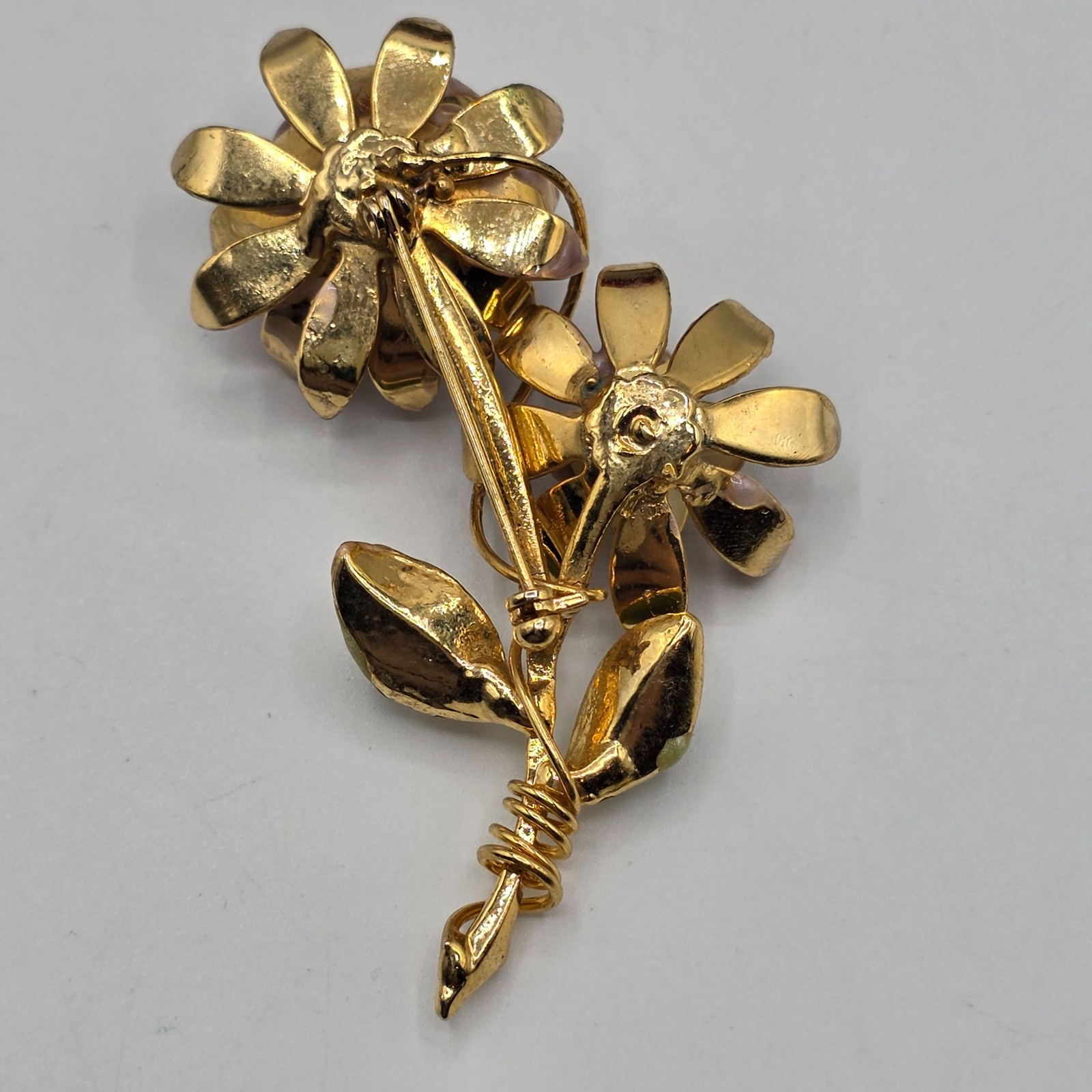 Vintage Enamel Flower Brooch Gold Tone Two Tone Petals Rhinestone Accent Jewelry