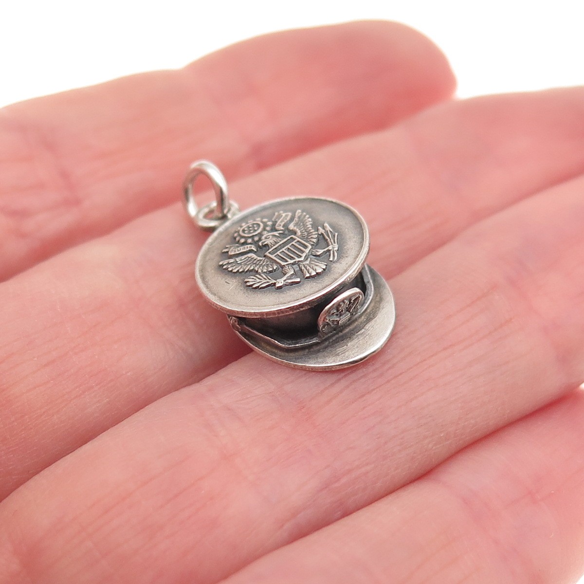 925 Sterling Silver Antique WWII US Army Service Hat 3D Mini Charm Pendant