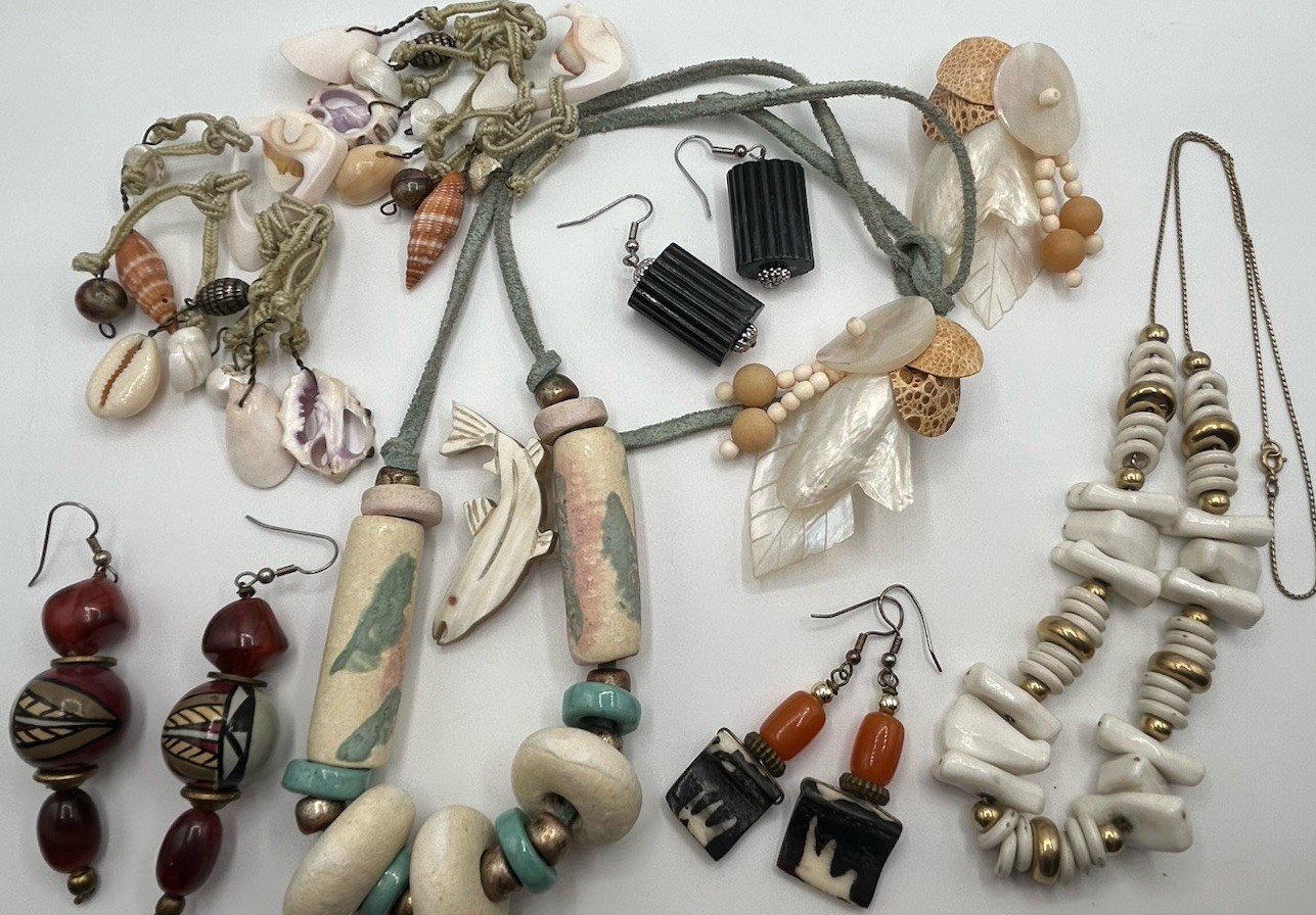 Vintage Nature Jewelry Lot of 8 Beaded Necklace, Shell Earrings Beach