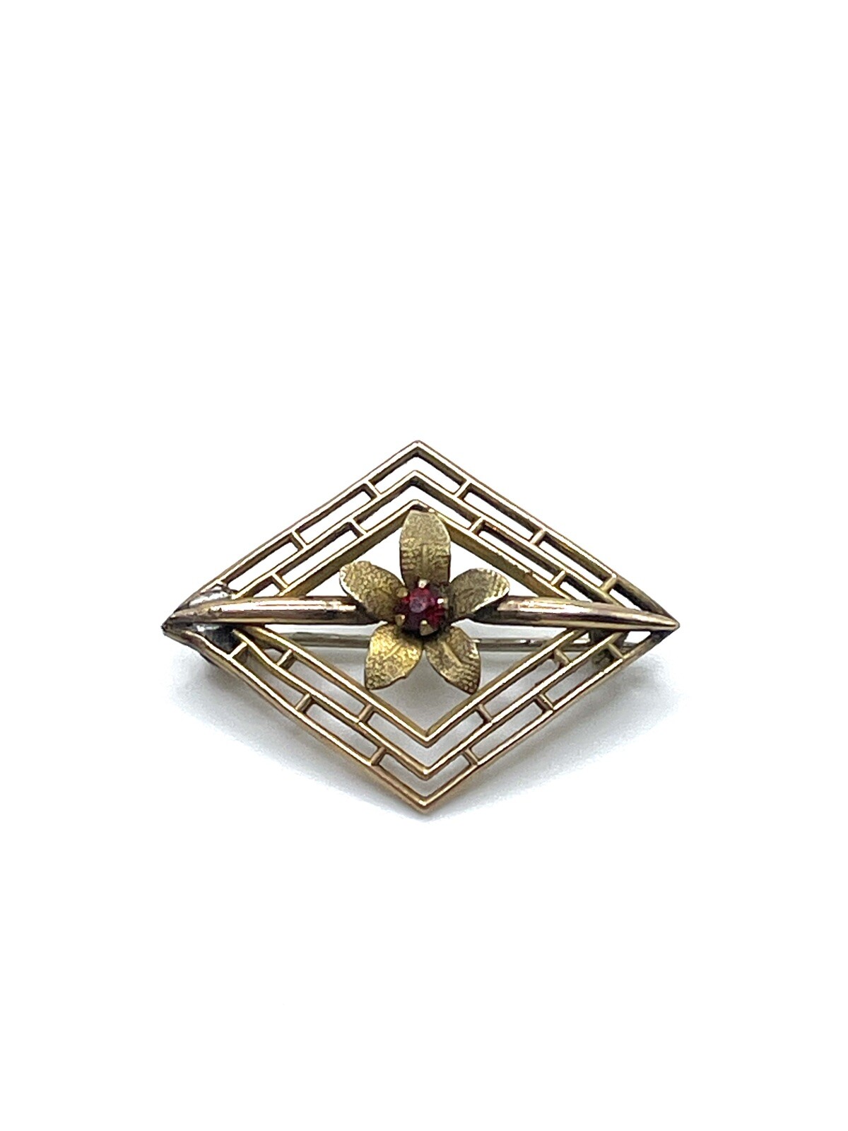 Antique Art Nouveau Brass Red Crystal Flower Openwork Brooch Pin