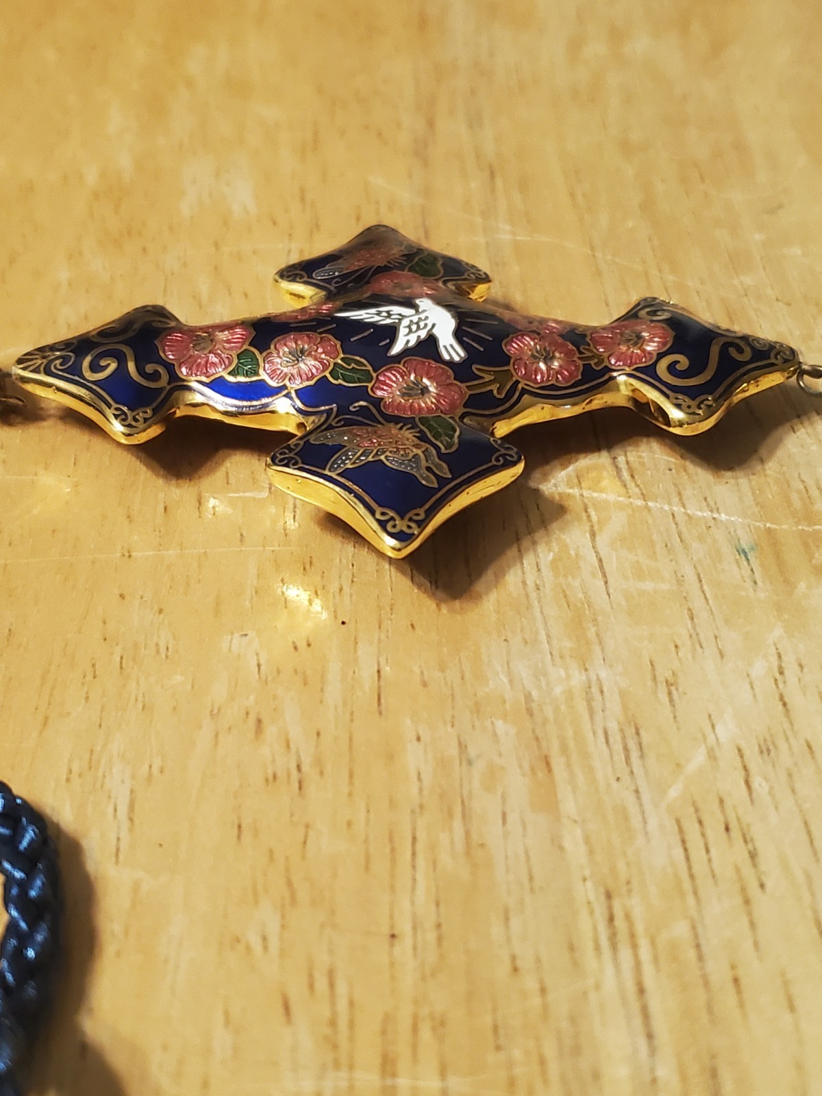 Vintage Cloisonne Cross Pendant Deep Blue with Goldtone Trim, 54.1 Grams Heavy