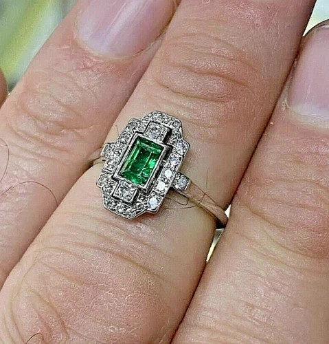 Art Deco Style Lab Created Diamond & Emerald Engagement 14k White Gold FN Ring