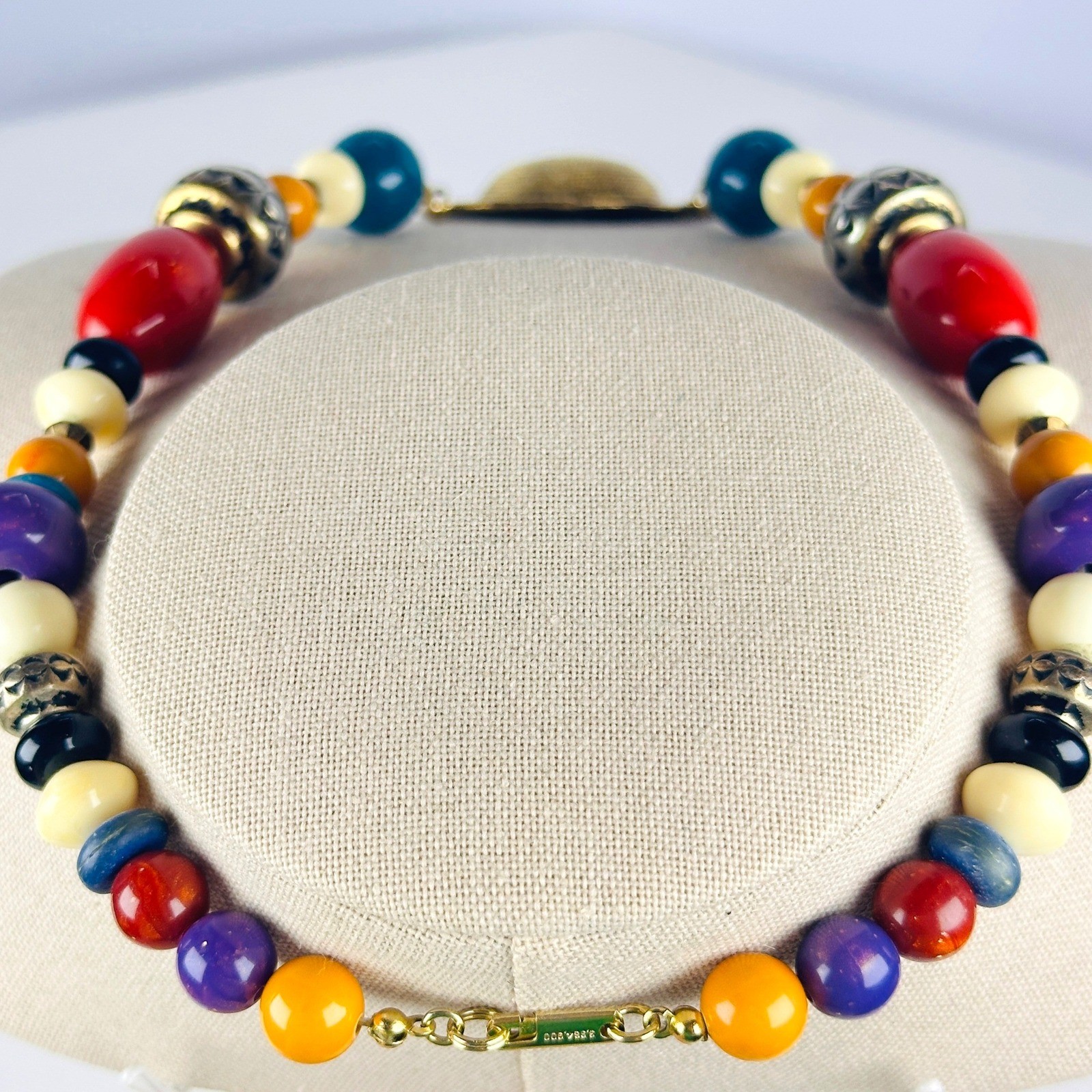 Carol Dauplaise Vintage Designer Multicolor Bead Gold Medallion Necklace Boho
