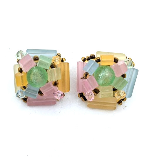 Vintage Pastel Earrings West Germany Lucite Clip On Beaded Mid Century