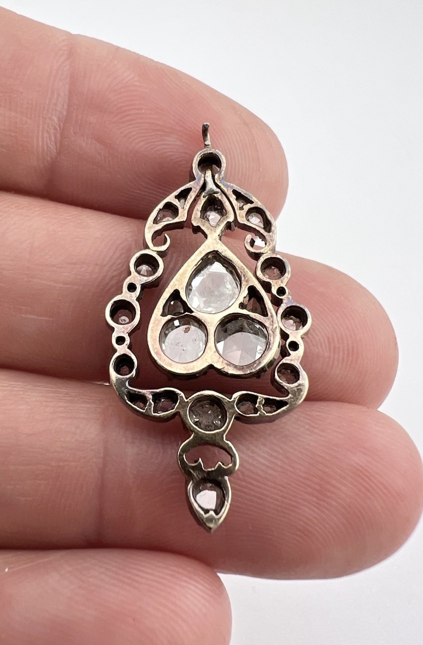 Antique Georgian Gold & Silver Rose Cut Diamond Cluster Dangle Pendant