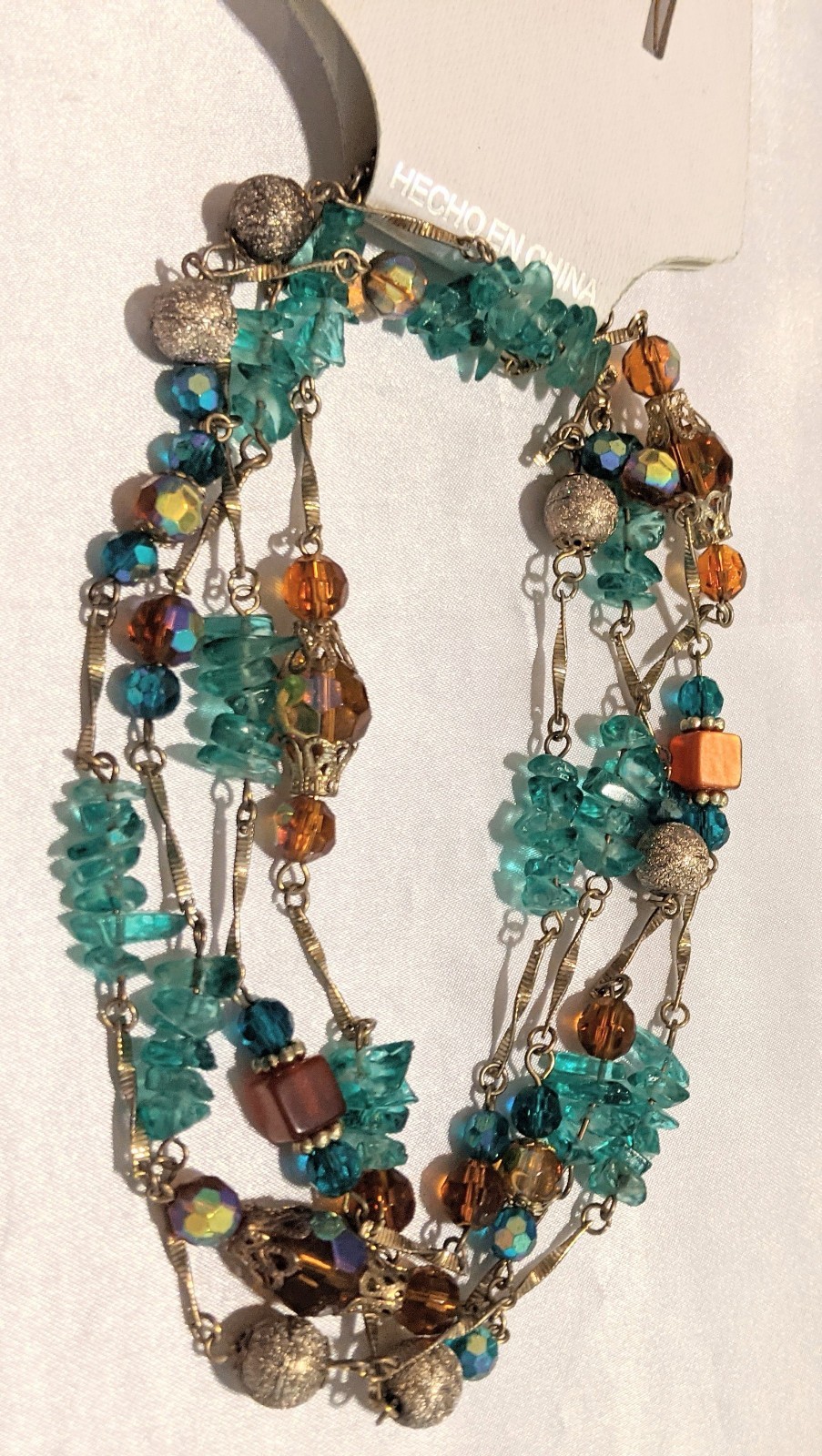 Vintage Bohemian Ethnic Long Necklace and Earrings Set AB Glass Beads Gold Tone