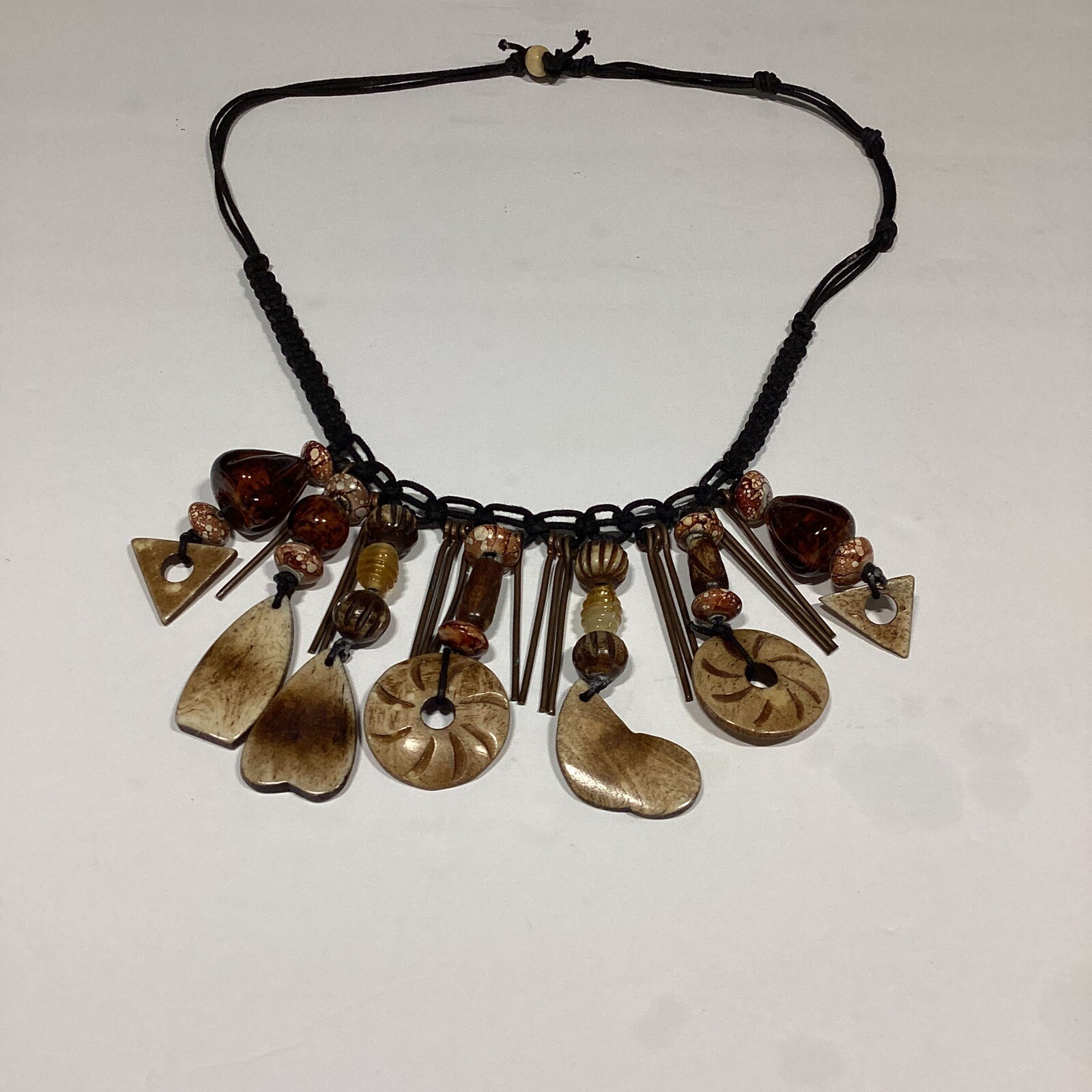 VTG African Rustic Carved Stone Earth Tone Beads Necklace Boho Cottage-core HTF