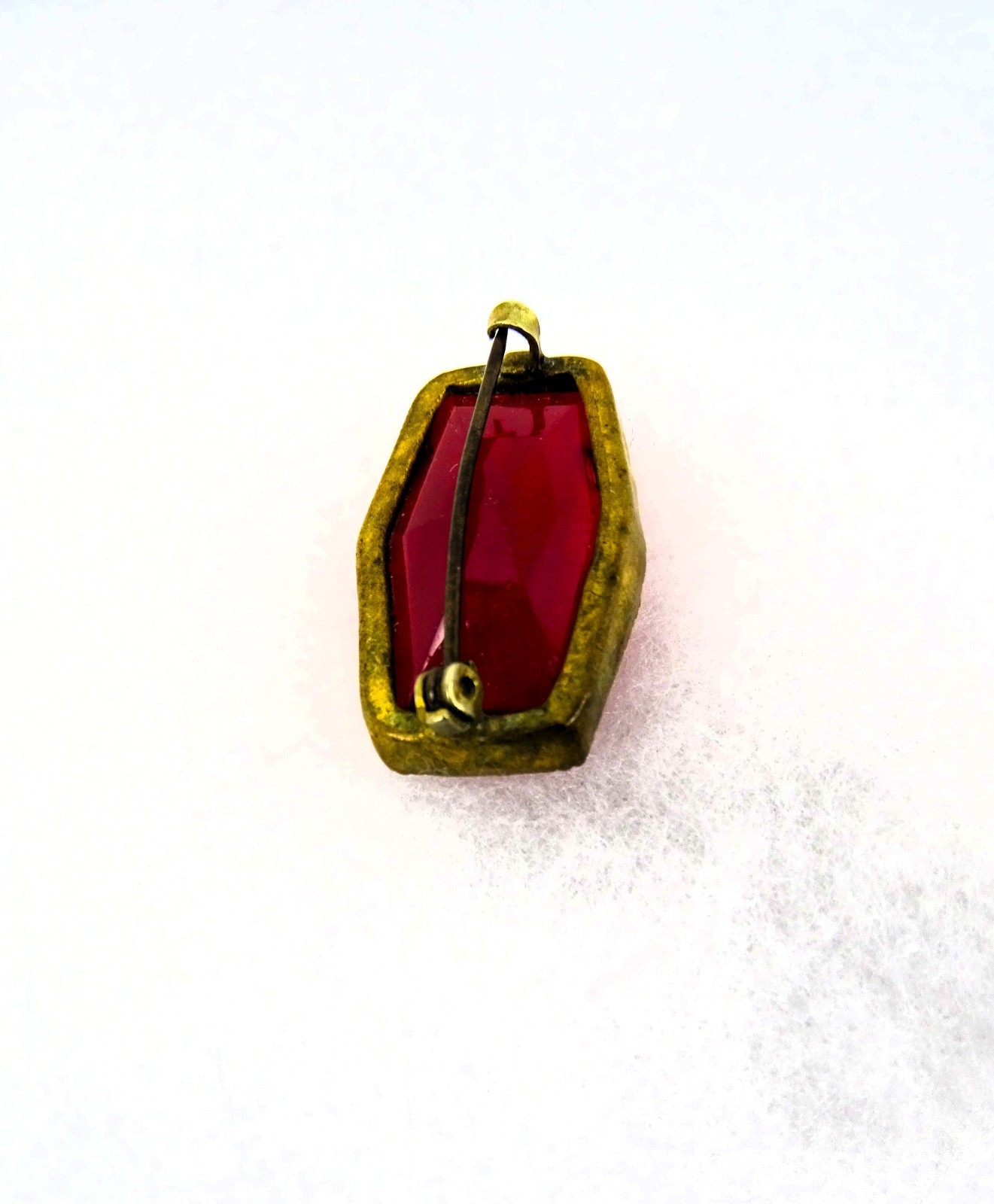 Vintage/Antique Red Glass Brooch, Elongated Hexagon with C-clasp