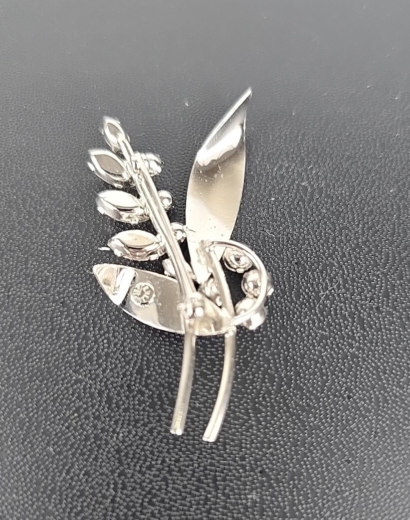 Vintage 925 Sterling Silver Clear Rhinestone Flowers Plant Brooch Pin #1