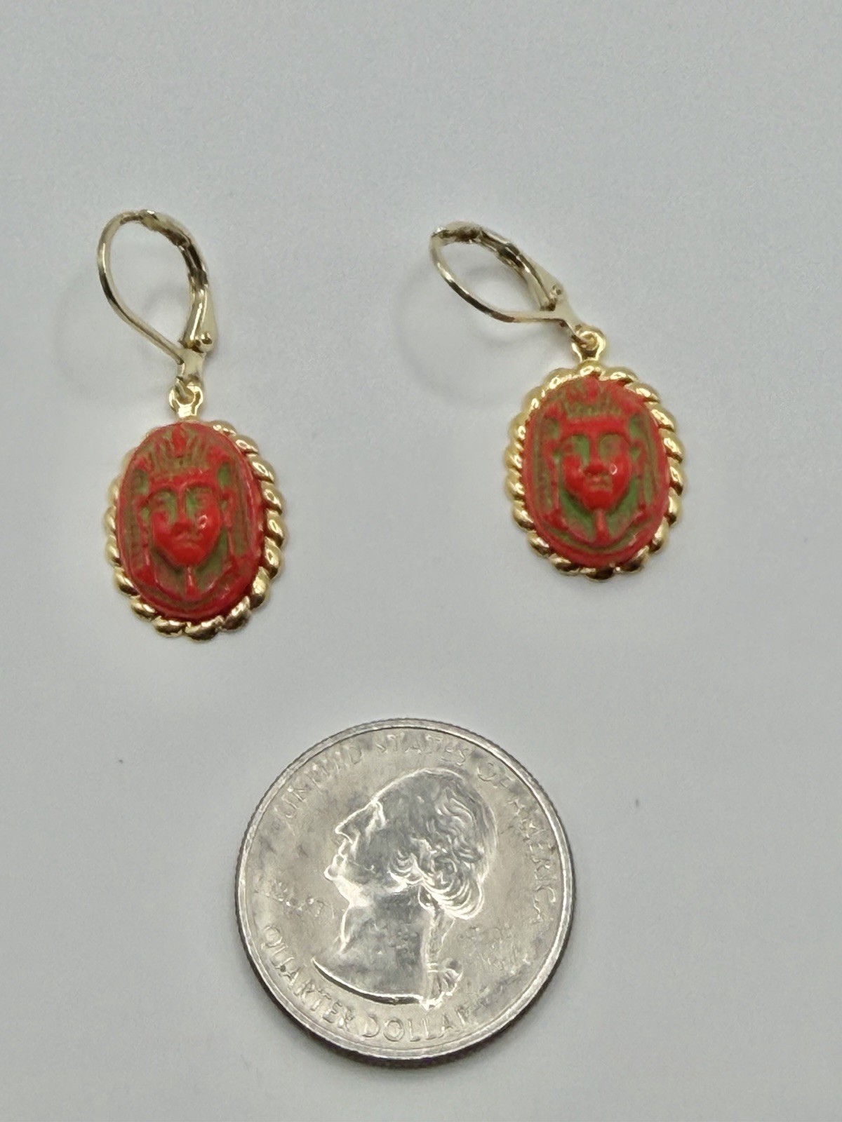 Upcycled Neiger Bros Red & Green Egyptian Pharaoh Face Czech Art Glass Earrings