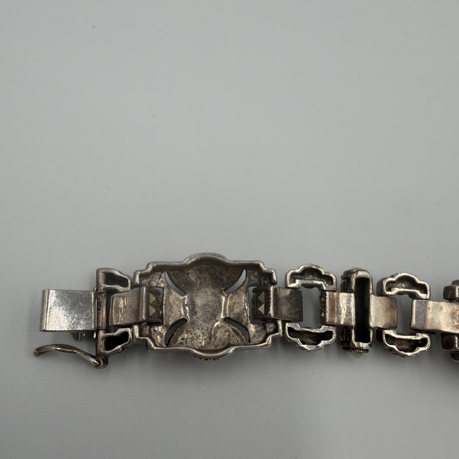 VTG Judith Jack Sterling Silver Marcasite Black Onyx Panel Bracelet 7.5″ 46g
