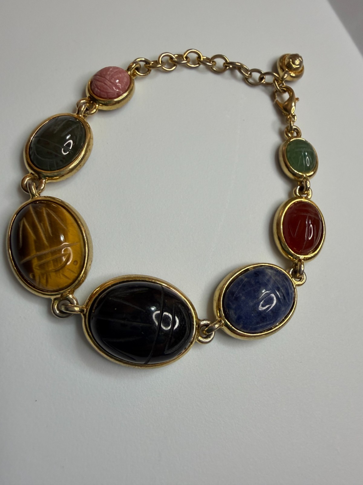 Vintage Multi Gemstone Egyptian Revival Scarab Link Bracelet Mid-Century Rainbow