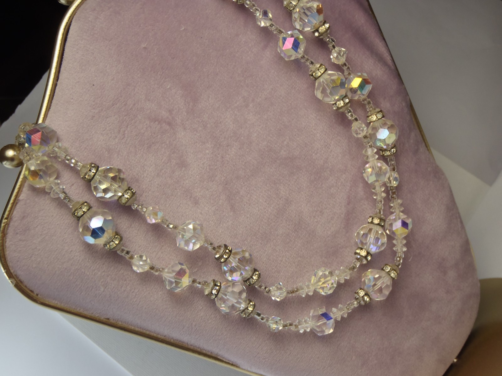1950s Vendome Aurora Borealis AB Crystal Bead Double Strand Necklace 20in