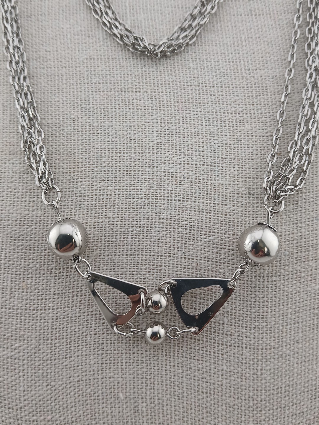 1960s silver tone multi chains ball beads open triangle design accents necklace
