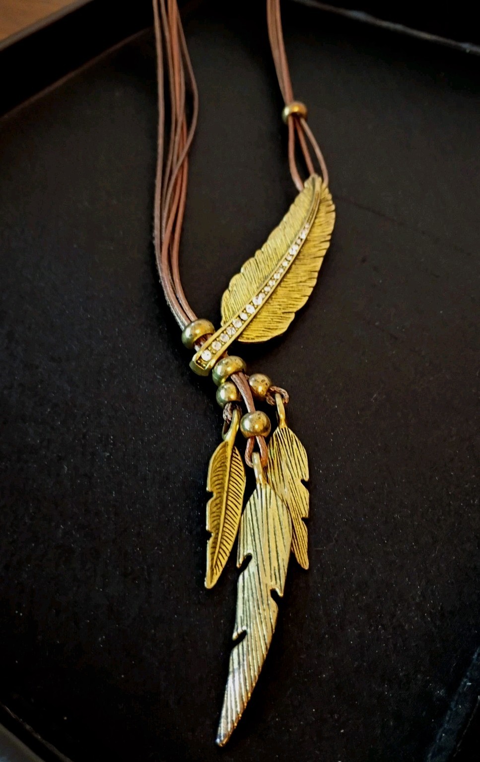 Vintage Boho Rhinestone Feather necklace w/Layered Brown Rope-25 in long