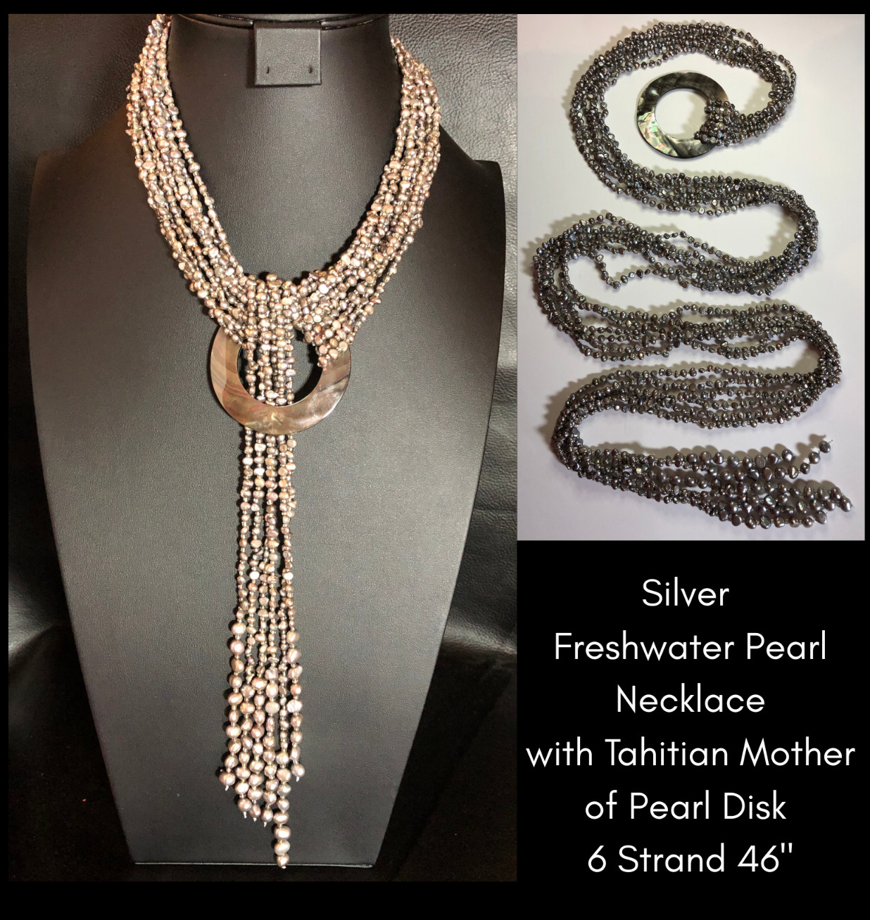 Genuine Silver Cultured Pearl Lariat Necklace Tahitian Mother of Pearl Disk 8486