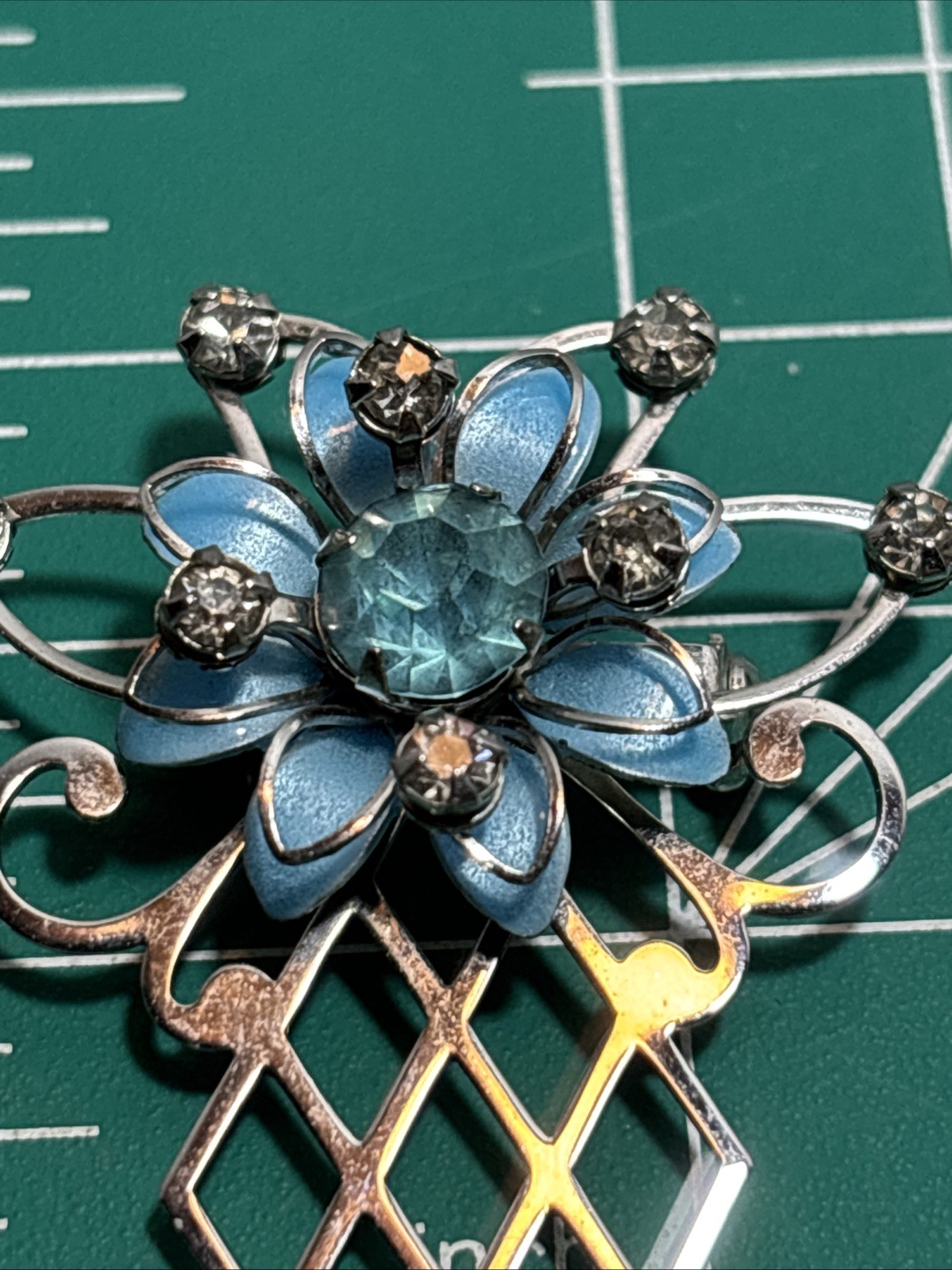 Unsigned Silver Tone Blue Enamel Rhinestone Brooch Or Wear As A Pendant