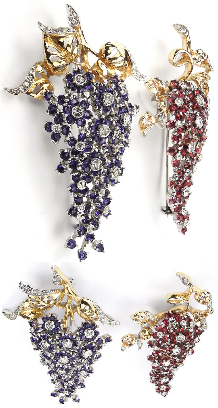 Reja Gold Pave Flowers Set 2 pins lg Amethyst sml Ruby Wisteria Pins, & Earrings
